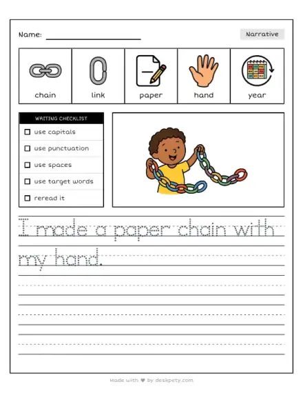 Full tracing writing prompt worksheet with example sentence