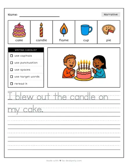 Full tracing writing prompt worksheet with example sentence