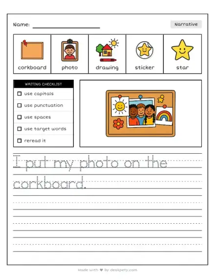 Full tracing writing prompt worksheet with example sentence