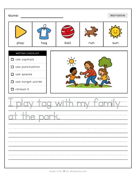 Full tracing writing prompt worksheet with example sentence